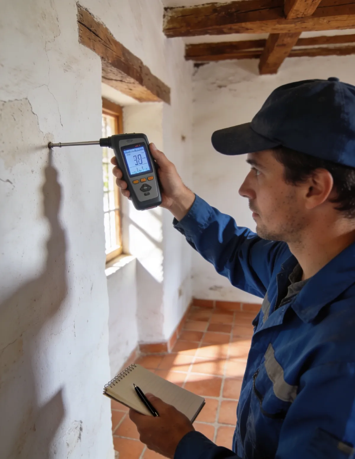 Técnico HUMIX midiendo la humedad de un muro antiguo en Quintanar de la Orden